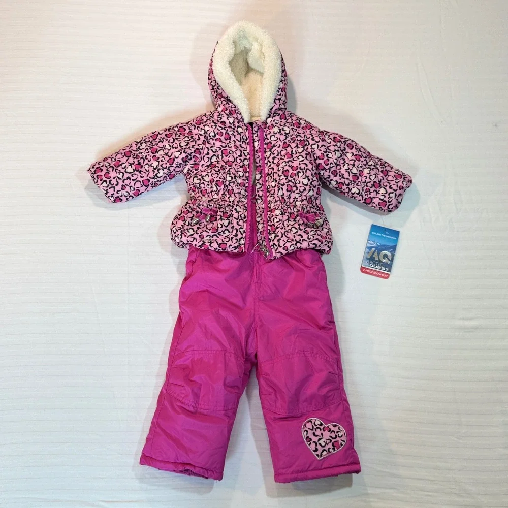 Girls 18M Pink Leopard Heart 2 Pc Snow Suit Hooded Winter Snowsuit NWT